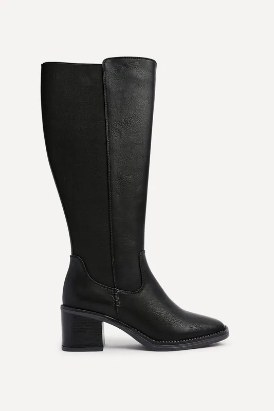 Reason Black Faux Leather Block Heel High Leg Boot - Linzi