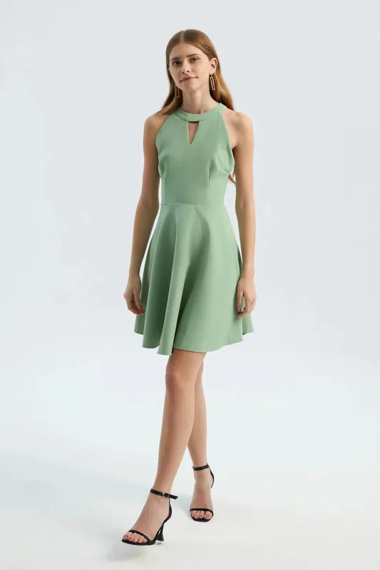 Halter Neck Sleeveless Mini Skater Dress with a Keyhole Cut Out - Hiccup