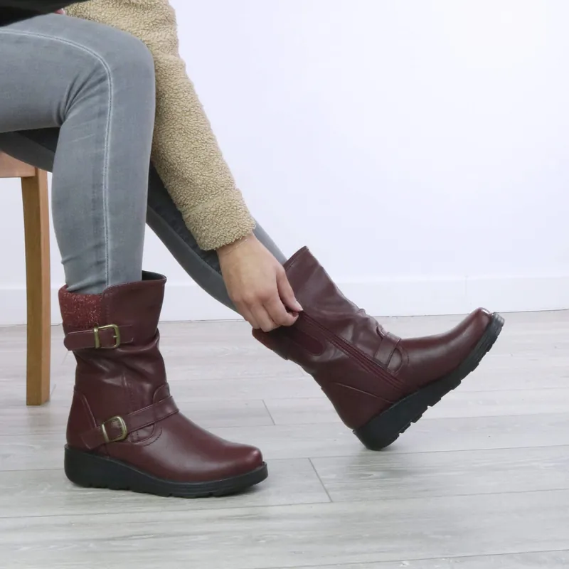 Low Wedge Heel Knit Collar Biker Calf Boots - AJVANI