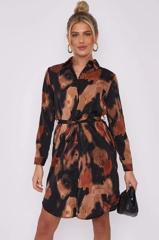 Brown Abstract Print Black Mini Shirt Dress - Love Sunshine