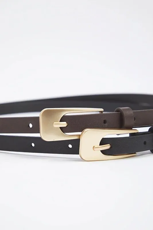 Double Pack Gold Buckle Western Slim Faux Leather Belt - WOVCOR