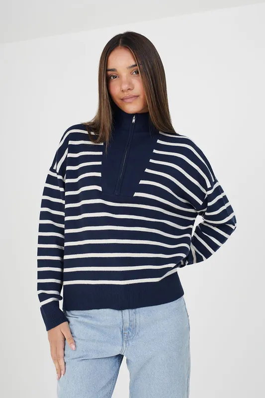 Striped 1/2 Zip Knitted Jumper - Brave Soul