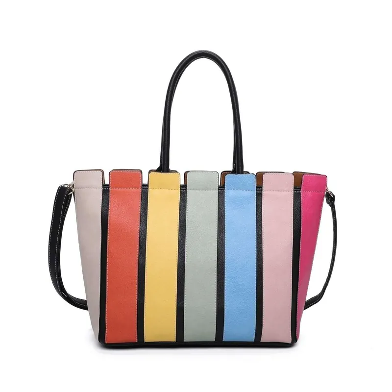 MultiColour Striped Medium Tote Shoulder Handbag - Kitise