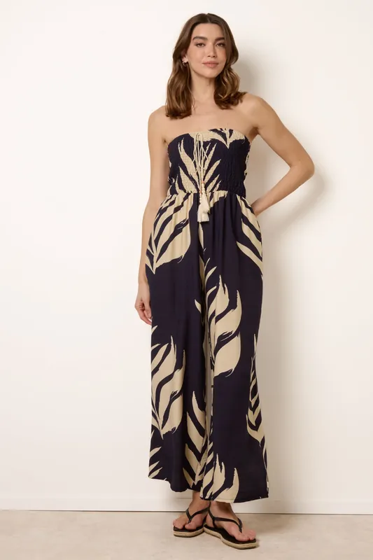 Navy Printed Bandeau Tie Neck Shirred Jumpsuit - Blue Vanilla