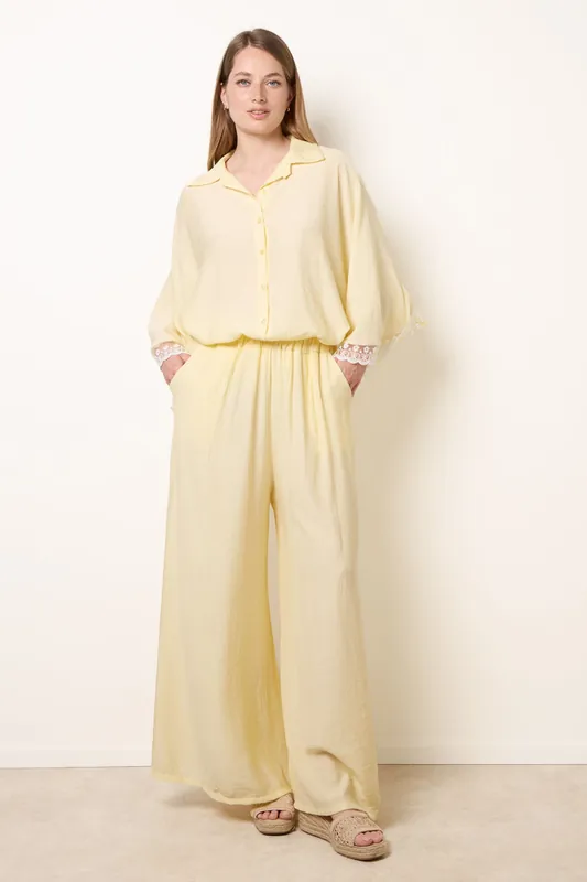 Lemon Crinkle Viscose Wide Leg Trousers - Blue Vanilla