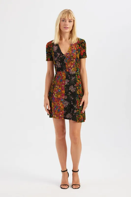 Floral V Neck Short Sleeve Mini Dress - Hiccup