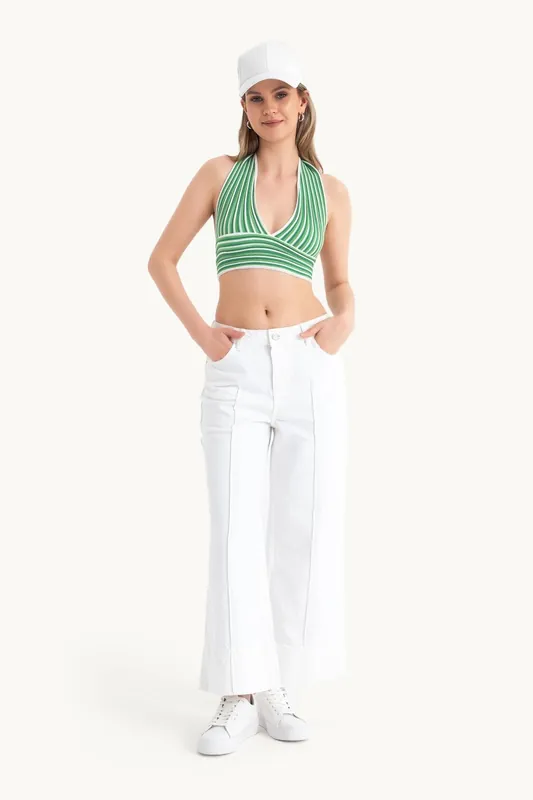 Striped Deep V Neck Halter Backless Crop Top - Hiccup