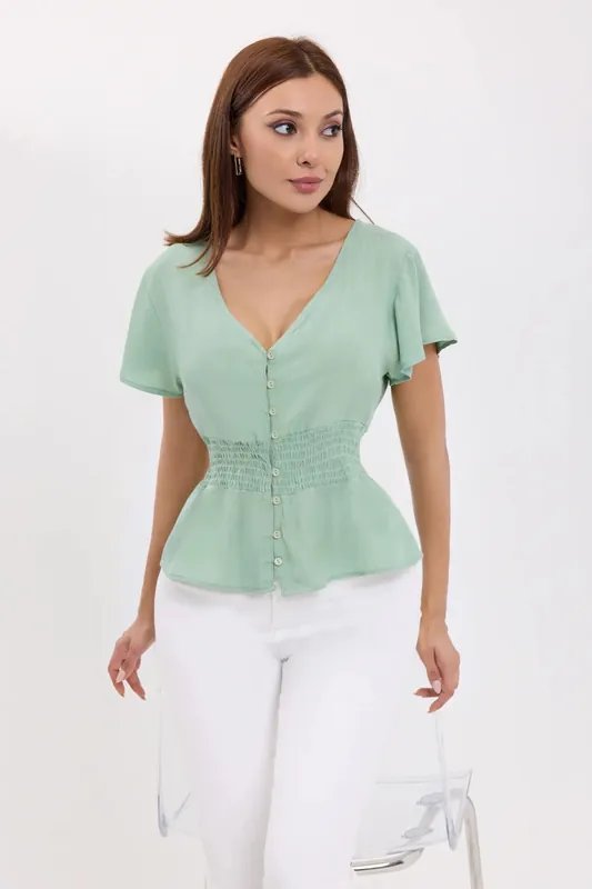 Elastic Waist Short Sleeve V-Neck Blouse