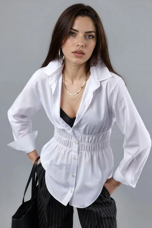 Long Sleeve Button-Up Poplin Shirt with Gathering Detail