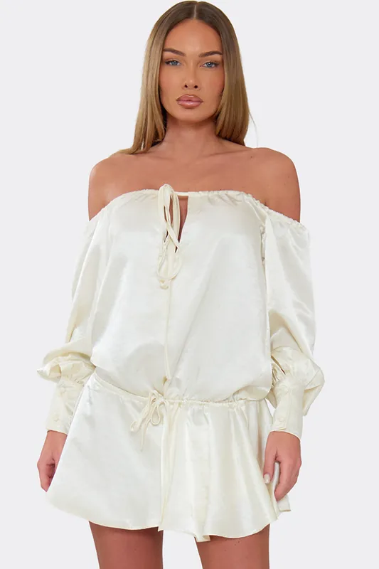 Long Sleeve Tie Satin Mini Playsuit - EGO
