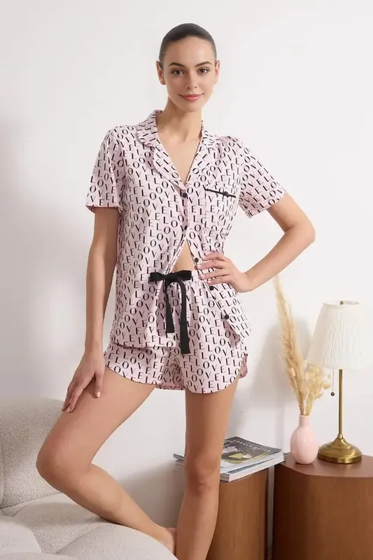 Love Slogan Print Revere Collar Short Sleeve Cotton Pyjama Set - WOVCOR