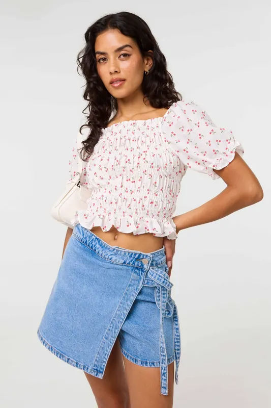 White Short Sleeve Ruched Cherry Top - Pink Vanilla
