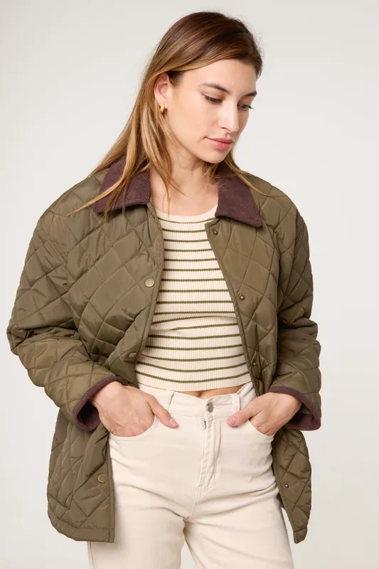 Khaki Diamond Quilted Oversized Coat - Blue Vanilla