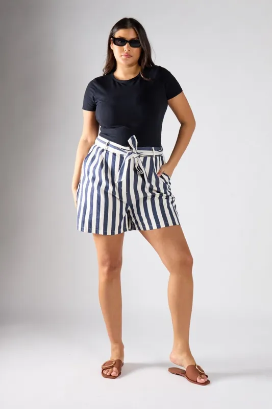 Belted Striped Pocket Shorts - Shnoo