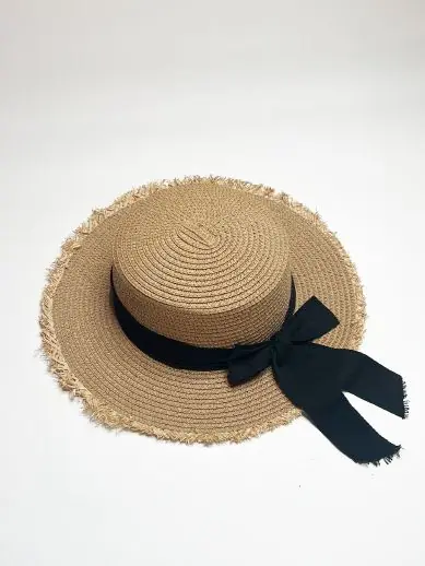 Straw Hat With Black Ribbon Bow - SVNX
