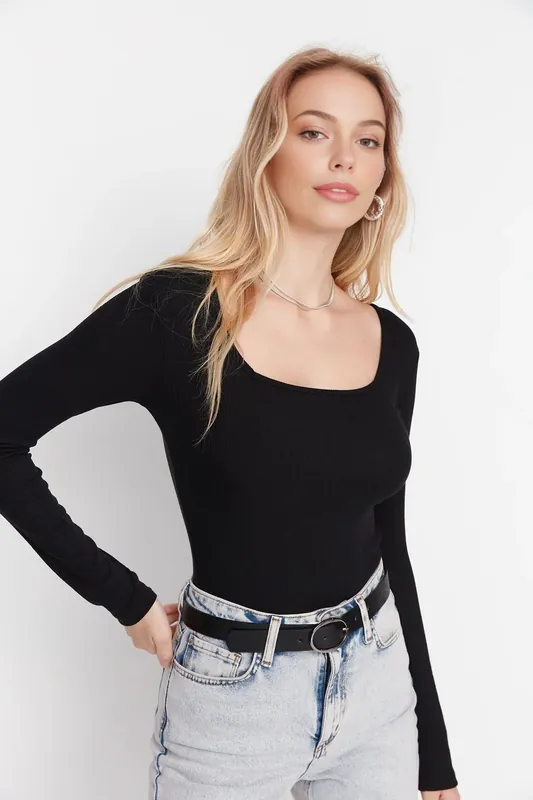 Square Neck Ribbed Long Sleeve Bodysuit - WOVCOR