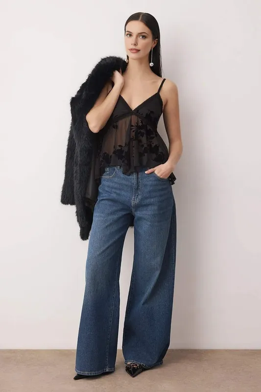 Floral Flock Ruffle Detail Tulle Party Blouse - WOVCOR