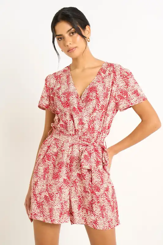 Red Abstract Animal Print Wrap Front Belted Playsuit - Gini London