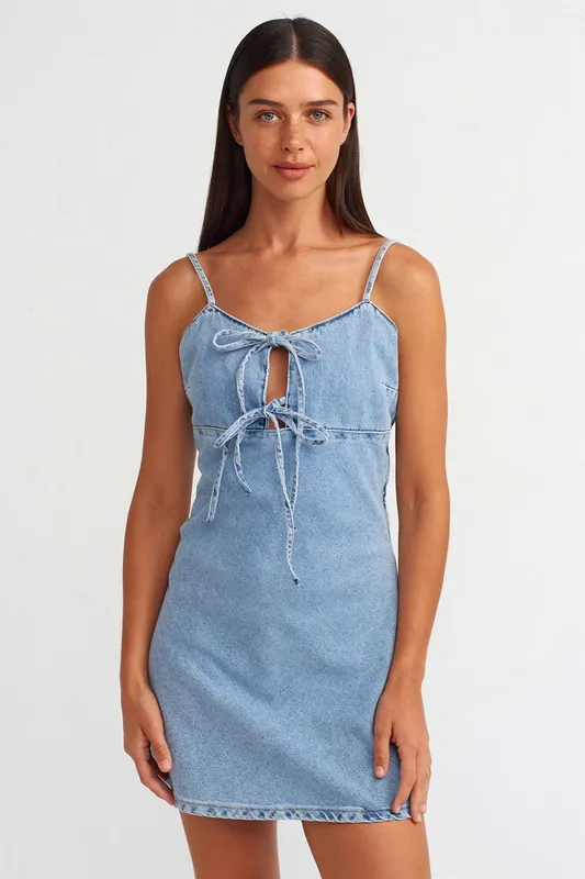 Cotton Denim Mini A-line Dress With Cut-out