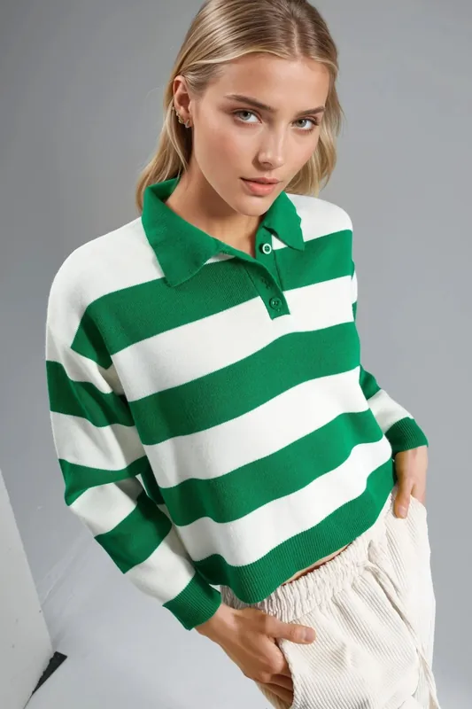 Striped Knit Polo Collar Sweater - MyFashion