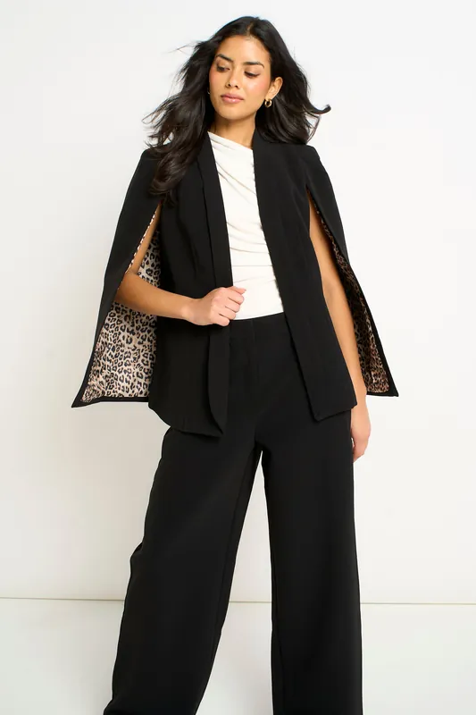 Black Contrast Animal Lining Tailoring Cape Blazer - Gini London