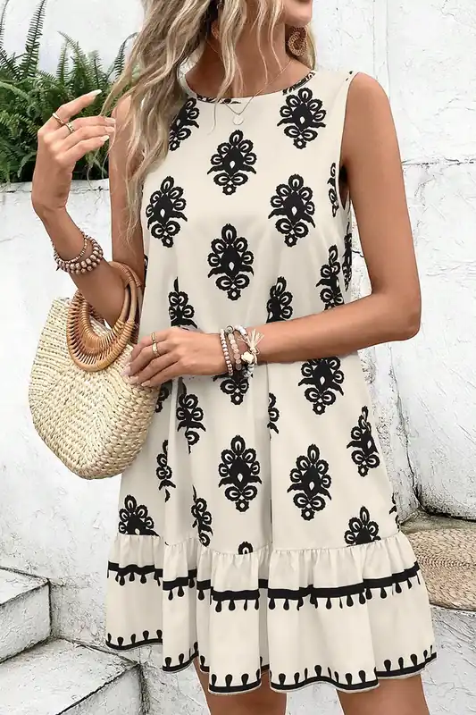 Beige Geometric Printed Sleeveless Hollowed Bowknot Back Mini Dress - Everyday The Label
