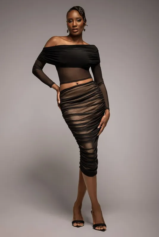 Gathered Side Mesh Midi Skirt - Goddiva