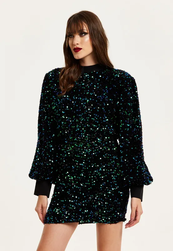 Black Velvet Based Green And Blue Sequin Mini Dress - Liquorish