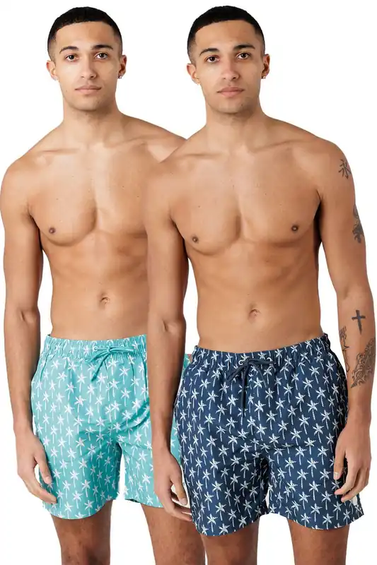 2-Pack Palm Tree and Logo Print Swim Shorts with Drawstring Waist