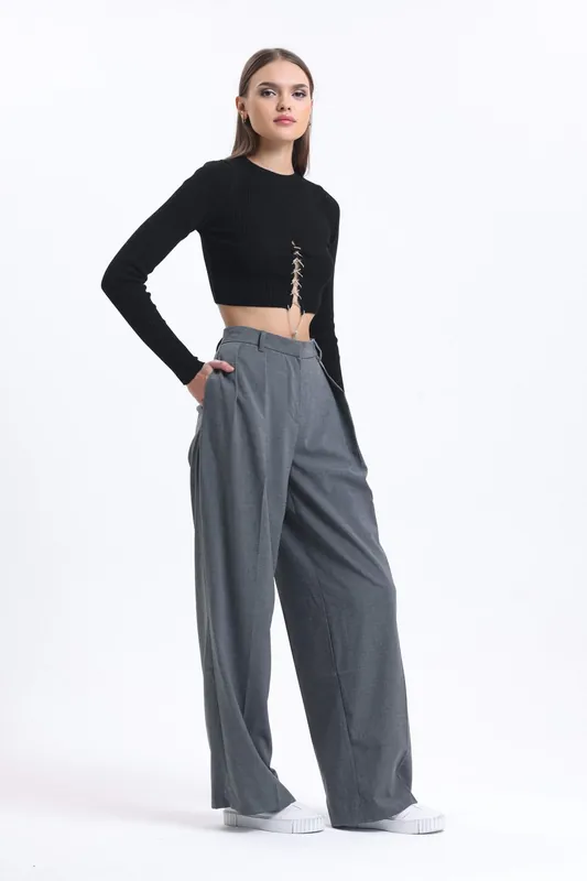 High Waist Wide Leg Trousers with Pleated Details - Hiccup