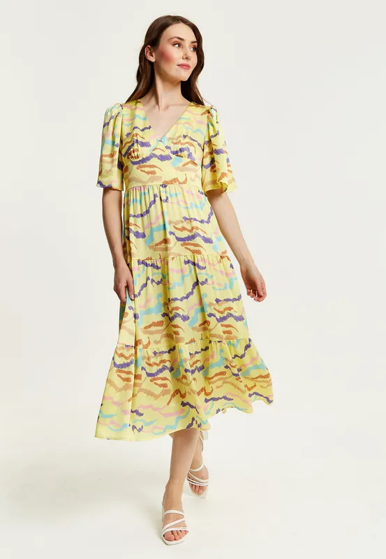 Abstract Zebra Print Midi Dress In Yellow With Kimono Sleeves - Liquorish