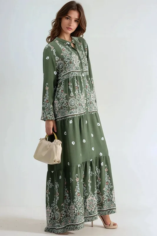 Comfort Fit Patterned Maxi Dress with V-Neck