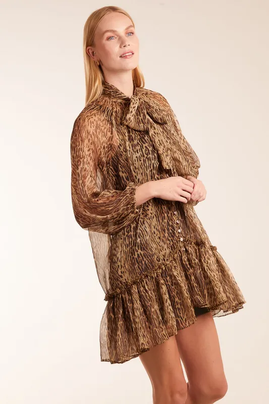 Leopard Print Pussy Bow Frill Shirt Dress - Blue Vanilla