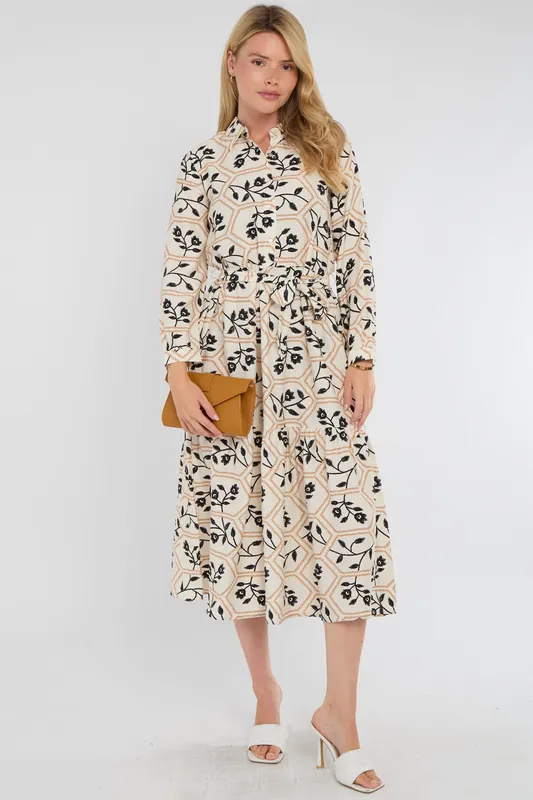 Ivory and Black Geo Floral Smock Midaxi Shirt Dress - Love Sunshine