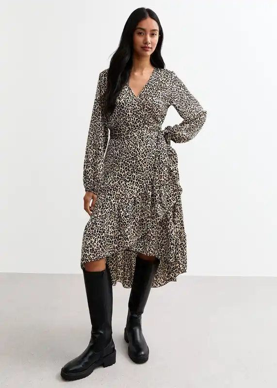 Beige Animal Ruffle Mini Wrap Dress - Gini London