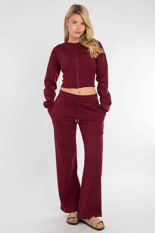 Cropped Zip Up Sweatshirt and Wide Leg Trouser Tracksuit - STYLEWISE