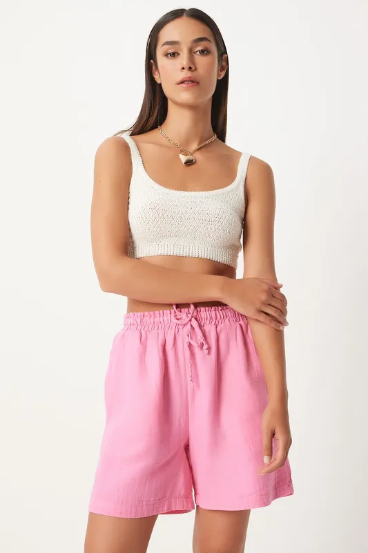 High Waist Wide Leg Cotton Shorts - Happiness Istanbul