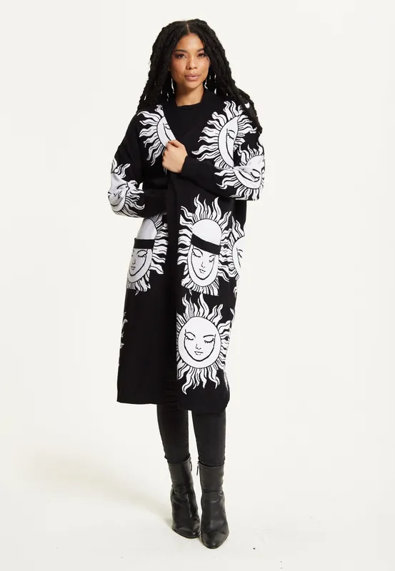 Black Sunface Print Longline Cardigan - Liquorish