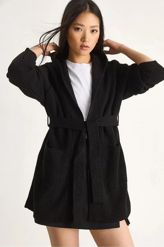 Hooded Cardigan with Tie Closure - Bianco Lucci