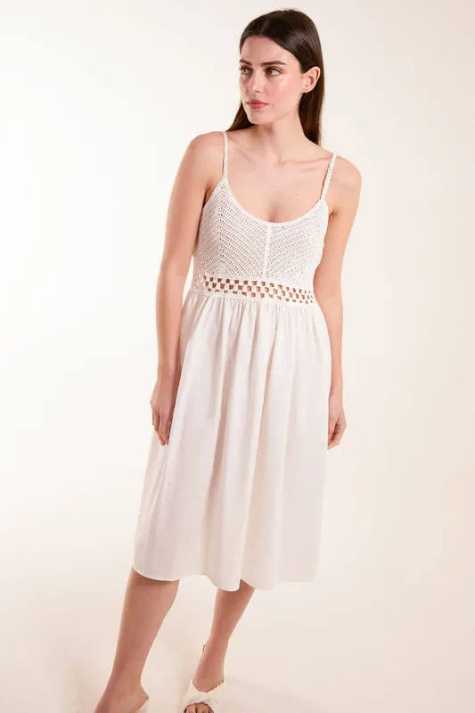 White Crochet Strap Midi Cami Dress - Blue Vanilla