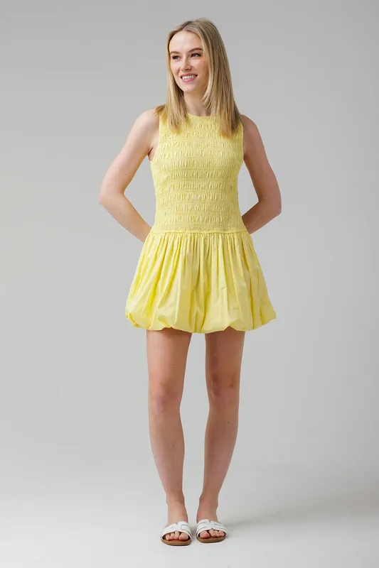 Cotton Shirred Puff Skirt High Crew Neck Sleeveless Mini Dress - Wednesday's Girl