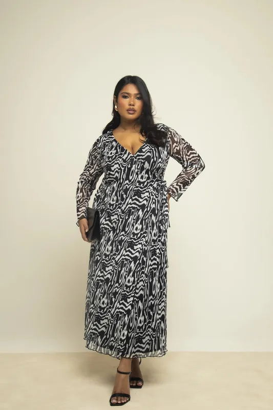 Curve Monochrome Print Wrap over Mesh Midaxi Dress - FASHION-SZN