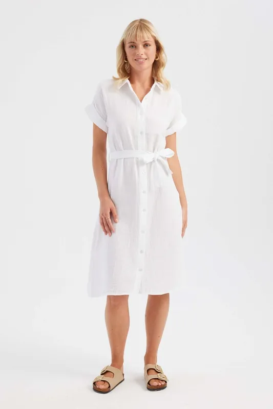 Muslin Short Sleeve Midi Dress with a Belt Detail - Hiccup