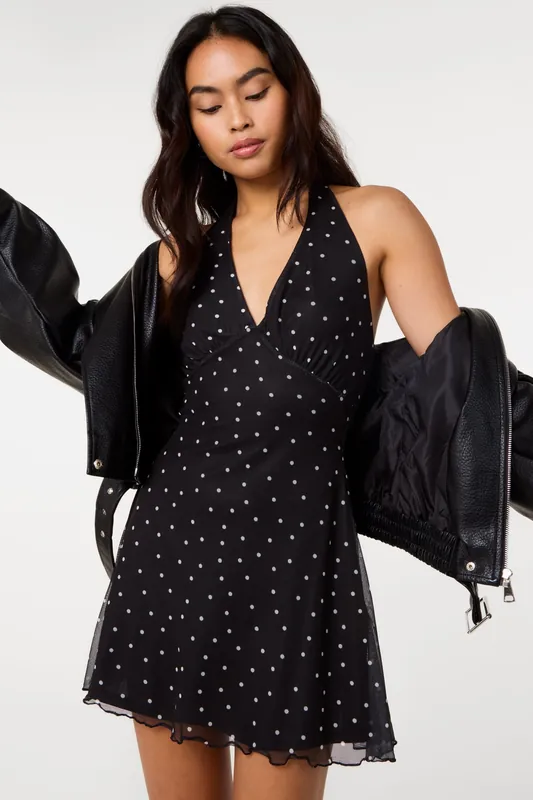 Black Halter Mini Dress In Polka Dot - Pink Vanilla