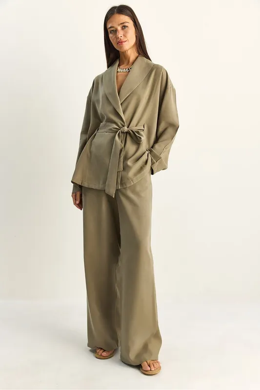 High Waist Tie Detail Shawl Collar Co-ord Set