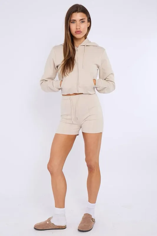 Zipped Hooded Crop Top and Seam Detail Shorts Fleece Co-ord