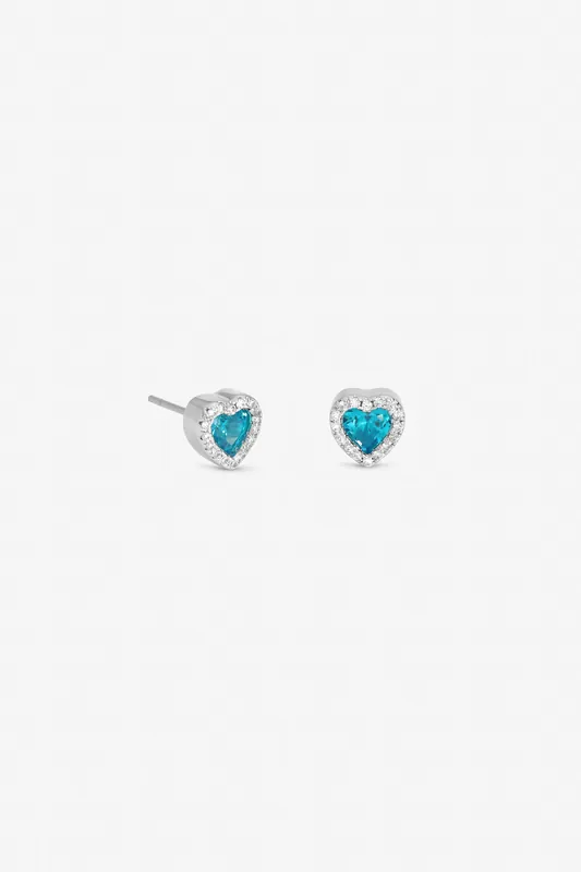 Rhodium Plated and Blue Heart Stud Earrings - Jon Richard