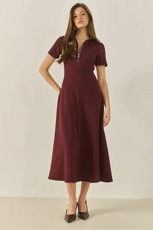 Fitted Midi Dress with Zipper Collar - Bianco Lucci