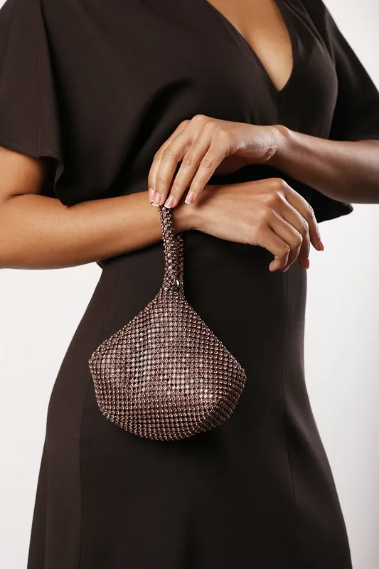 'Nicki' Diamante Mini Chainmail Pouch Bag In Dark Brown - Where's That From