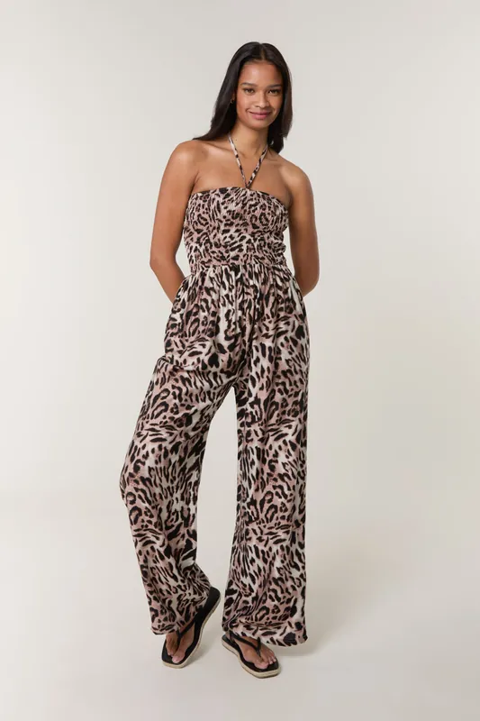 Brown Leopard Print Shirred Waist Jumpsuit - Blue Vanilla